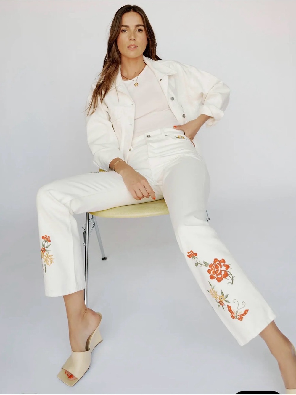 Reformation White Straight-Leg Jeans with Orange Floral Embroidery